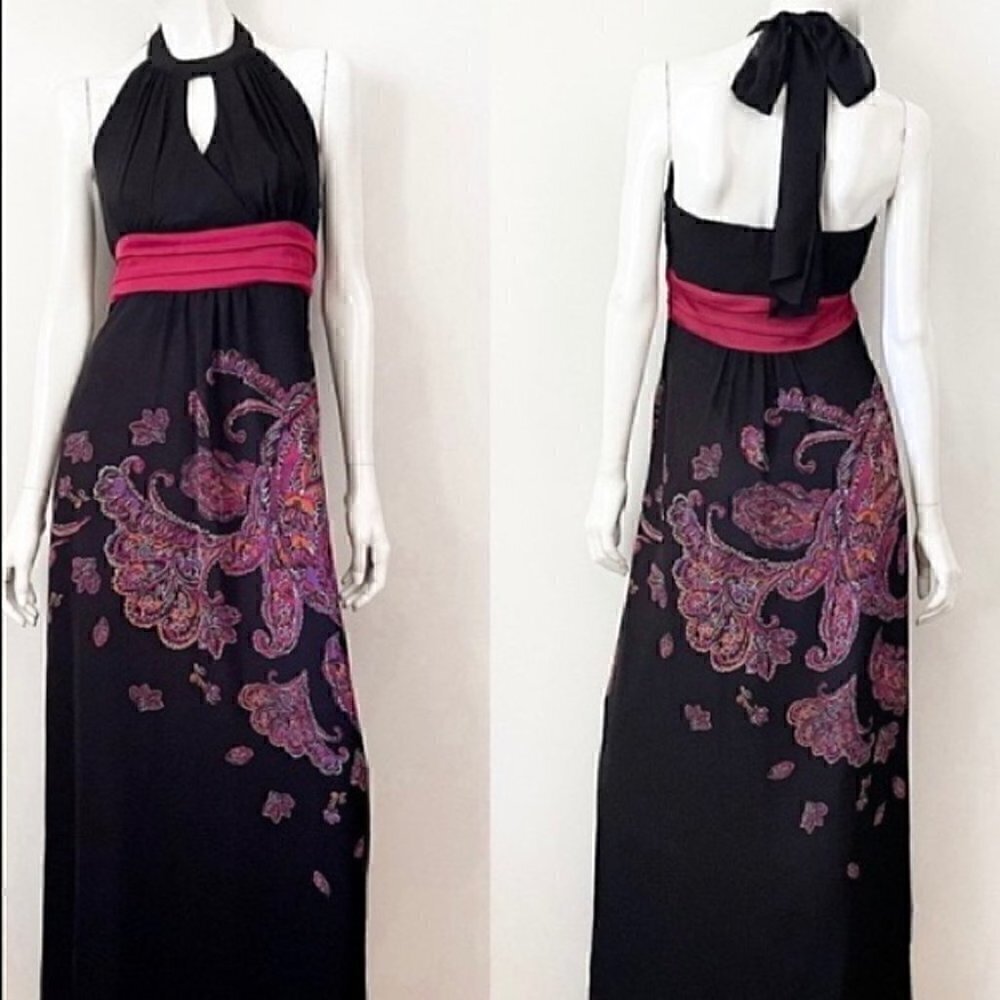 La Chateau Chiffon Floral Paisley Halter Maxi Dress, Sz Small